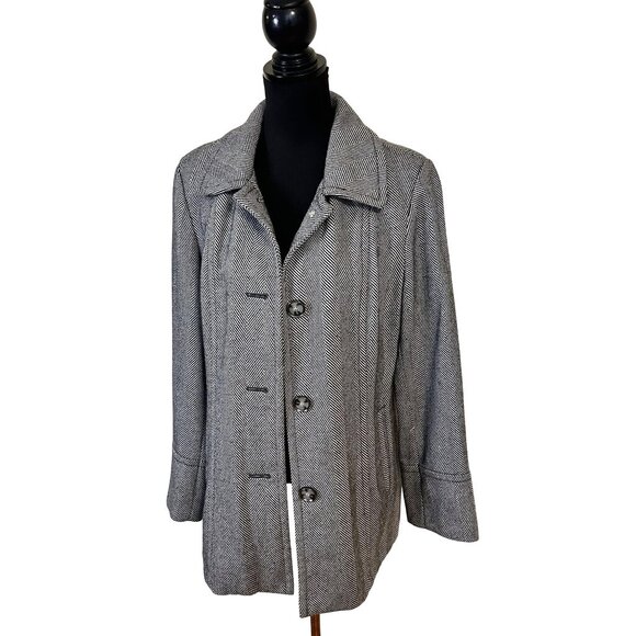 Liz Claiborne Womens Herringbone Jacket Grey Button Front Coat Large Wool Blend - Picture 1 of 8
